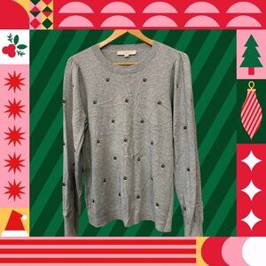 Women’s Loft Christmas Crewneck Sweater Gray with Green Trees, Gold Trim, Size L